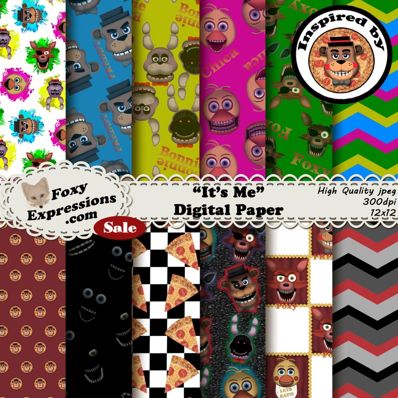 It's Me Digital Paper inspired by 5 nights at Freddys. Designs include Freddy, Foxy, Bonnie, Chica, Dark Room, Chevron, Polka Dots & Pizza image 1