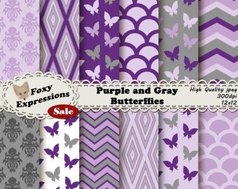 Purple and Gray Butterflies, 2 shades of gray and  purple, polka dots, waves, chevron, and butterflies for personal or commercial use.