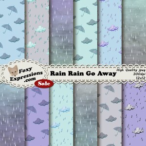 May include: A set of 12 digital paper designs featuring a rainy day theme. The papers include patterns of raindrops, umbrellas, and clouds in shades of blue, purple, and gray.