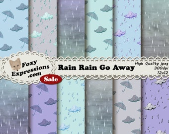 Rain Rain Go Away digital paper comes in light shades of blue, purple, green, and gray. Designs include rain drops, clouds and umbrellas.