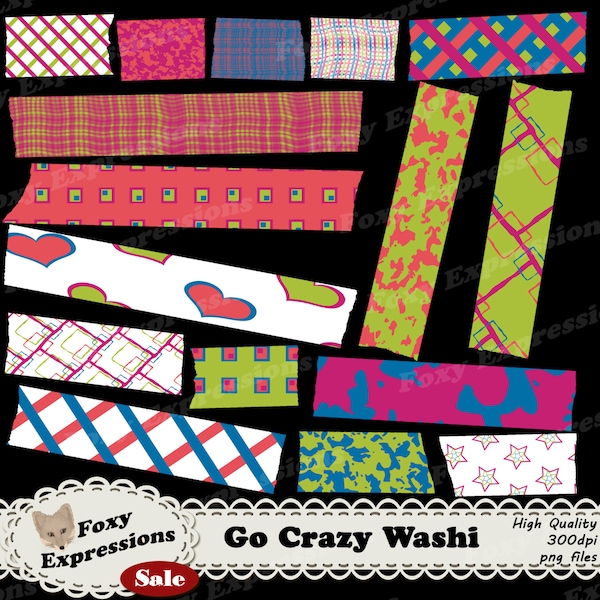 Crazy Washi Tape pack in plezier gaan hart, sterren, weeft, strepen, golven, pleinen, en inkt vlekken ontwerpen. Verkrijgbaar in groen, blauw, roze en paars.