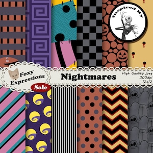 Nightmare Digital Scrapbook paper comes in haunting designs; tombstones, pumpkins, stitched rag dolls, moons, snakes, vampire bites & more