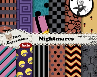 May include: A set of 12 digital papers featuring various patterns inspired by the movie "The Nightmare Before Christmas". The patterns include stripes, polka dots, checkered, and a patchwork design. The papers are high quality, 300 dpi, and are perfect for scrapbooking, card making, and other crafting projects.