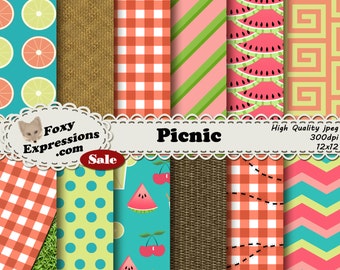 Picnic digital paper comes in colorful designs including picnic baskets and cloths with and w/o ants, watermelon, lemonade, cherries & more