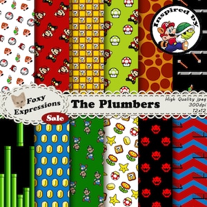 Die Klempner inspiriert von Super Mario Bros. Designs beinhalten Mario, Luigi, Pilze, 1 ups, ? Blöcke, Münzen, Boo, Koopa Troopa, Rohre und mehr