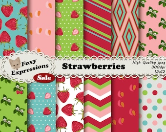 El paquete de papel digital Fresas está disponible en rosa, verde y azul. Los diseños incluyen fresas, rebanadas, flores, rayas, chevrones y lunares.