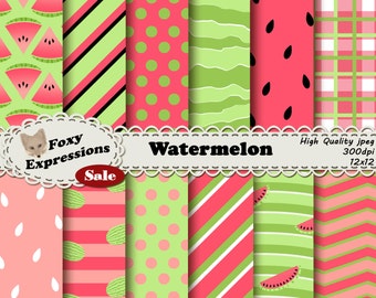 Watermelon paper in shades of green and pink with fun designs including seed polka dots, triangle slices, picnic plaid, waves, stripes, etc