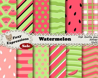 Watermelon paper in shades of green and pink with fun designs including seed polka dots, triangle slices, picnic plaid, waves, stripes, etc