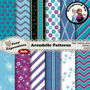 Arendelle Patterns, geïnspireerd op Frozen, wordt geleverd met Anna en Elsa-jurkpatronen, sneeuwvlagen, sneeuwvlokstippen, enz. In blauw en paars.