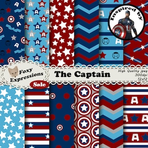Papel digital do Capitão América inspirado no Capitão América. Vem com estrelas, listras, escudo do Capitão América, Vingadores A, logotipo dos Agentes do Escudo.