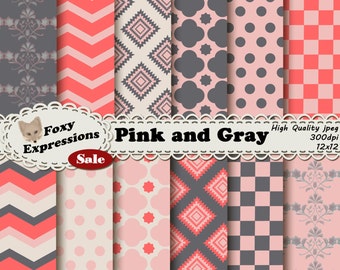 Pink and Gray Digital Paper pack comes in chevron, checkers, damask, polka dots, and diamonds patterns. In shades of pink, gray and cream.