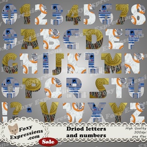 El clipart de letras y números de droides incluye 39 piezas. Inspirado en Star Wars, incluye a C3PO, BB8 y R2D2. ¡Crea diseños de cumpleaños personalizados!