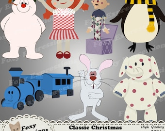 Classic Christmas Characters digitales Clip Art Pack kommt mit Frosty, Topper, Kaninchen und der Gang der Außenseiter-Spielzeuge wie Charlie in der Box, etc