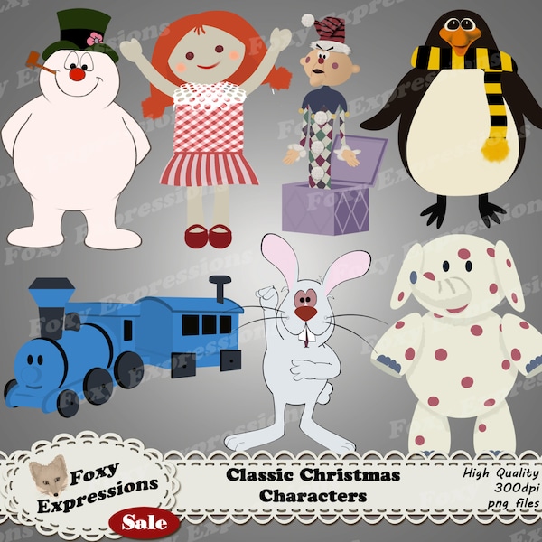 Classic Christmas Characters digital clip art pack comes with Frosty, topper, rabbit, & the gang of misfit toys like charlie in the box,etc