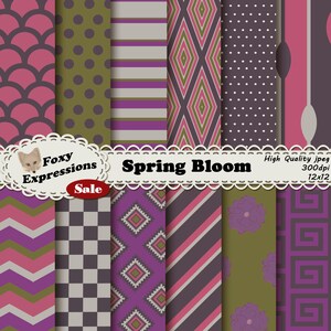 Spring Bloom Digital Paper Pack jest dostępny w paski, kropki, kratki, jodełkę, kwiaty, wagi i łyżki. Fioletowy, różowy, kremowy, szary i zielony
