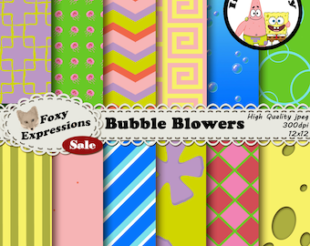 Bubble Blowers digital paper pack inspired by Nickelodeons Spongebob. Designs include sponge, patricks pants, jelly fish, bubbles and more.