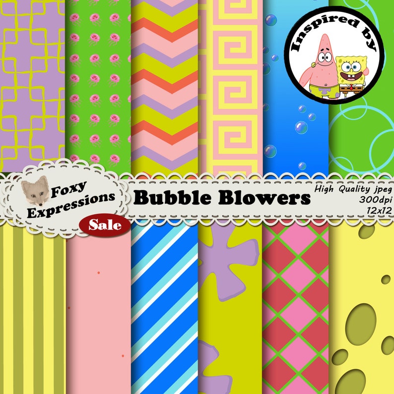 Bubble Blowers digital paper pack inspired by Nickelodeons Spongebob. Designs include sponge, patricks pants, jelly fish, bubbles and more. image 1