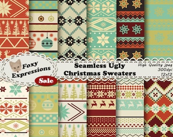 Nahtlose hässliche Weihnachts Pullover digitales Papier in den Farben grün, Creme, rot und schwarz. Designs sind Hirsche, Herzen, Ornamente, Bäume & Schnee