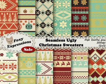 Seamless Ugly Christmas Sweater Digital paper in shades of green, cream, reds, and black. Designs are deer, hearts, ornaments, trees & snow