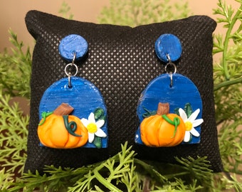 Charming pumpkin patch with flower earrings, Gifts for Her, Handmade Jewelry, Polymer Clay Earrings, autumn jewelry, Free Shipping