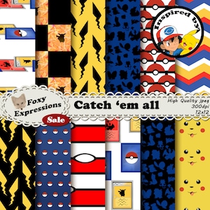 Catch 'em all digitaal papier geïnspireerd op Pokemon-ontwerpen, waaronder pokeball, ruilkaarten, pikachu, stippen, chevron, lichtaanval en meer