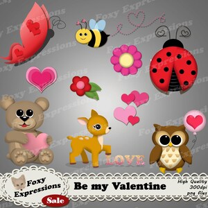 「Be My Valentine」クリップ アート パックには、バレンタインデーへの愛を表す鹿、クマ、フクロウ、ラブ バグ、ハート、花などの愛らしい動物たちが含まれています。