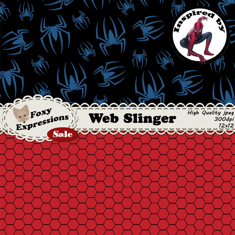 May include: Black and blue spider web pattern digital paper with a red honeycomb pattern at the bottom. The text "Web Slinger" is in the center of the image. A red and blue superhero is in a circle with the text "Inspired by" above it. The text "Foxy Expressions Sale" is in a white oval with a fox illustration.