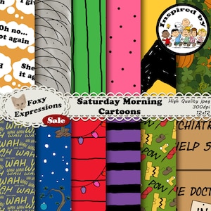 Digitaal papier van Saturday Morning Cartoons, geïnspireerd door Charlie Brown, bevat Snoopy Dog House, Pepperment Patty, Sally, Teachers Wah Wah en meer
