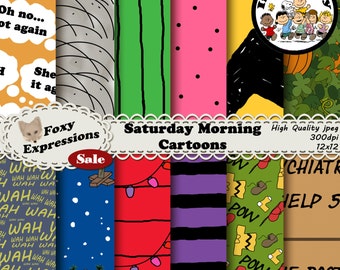 May include: A digital paper pack with 12 different patterns inspired by classic Saturday morning cartoons. The patterns include a Peanuts inspired design, a Charlie Brown Christmas tree design, a green and black striped design, a red and white striped design, a blue design with snowflakes and the words "Wah Wah Wah", a green design with the words "Pow" and a brown design with the words "Psychiatrist Help 5".