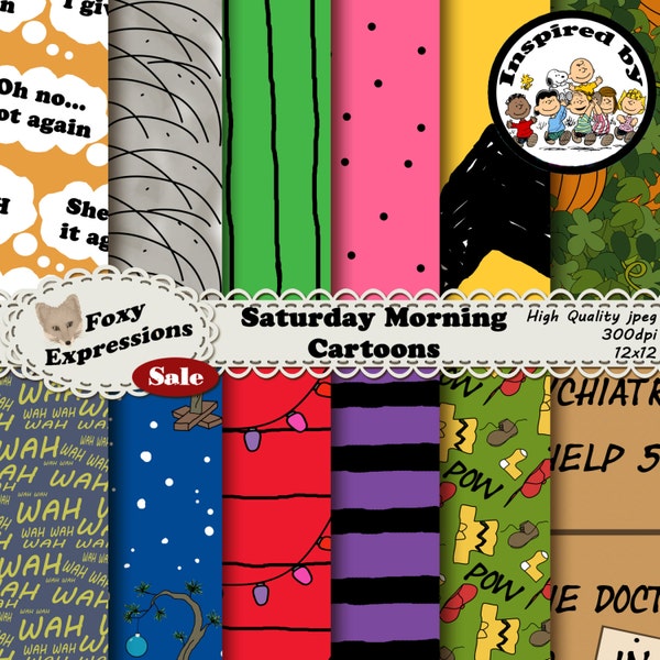 Saturday Morning Cartoons digital paper inspired by Charlie Brown includes Snoopy doghouse, pepperment patty, sally, teachers wah wah & more