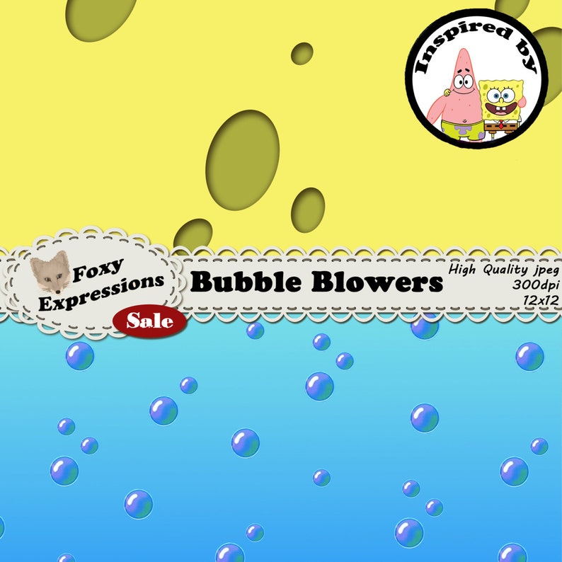 Bubble Blowers digital paper pack inspired by Nickelodeons Spongebob. Designs include sponge, patricks pants, jelly fish, bubbles and more. image 2
