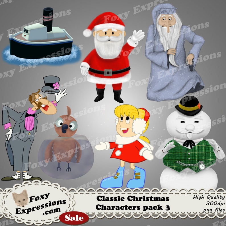 Klassische x-mas Characters Pack 3 kommt mit 7 Clipart. Winter Warlock, Professor Hinkle, Santa, Sam der Schneemann, Karen und 2 Misfit-Spielzeuge Bild 1