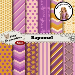 Het Rapunzel Digital Paper-pakket, geïnspireerd op Tangled, wordt geleverd in jurkpatronen, lantaarnpatronen en de zonnen van het koninkrijk. In roze, paars en geel