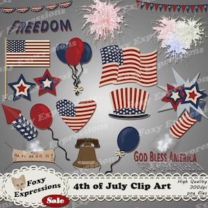 Clipart vintage de 4 de julho, vem com faixas, bandeiras, foguetes, fogos de artifício, balões, chapéus, placas e sino da liberdade, tudo em vermelho, branco e azul