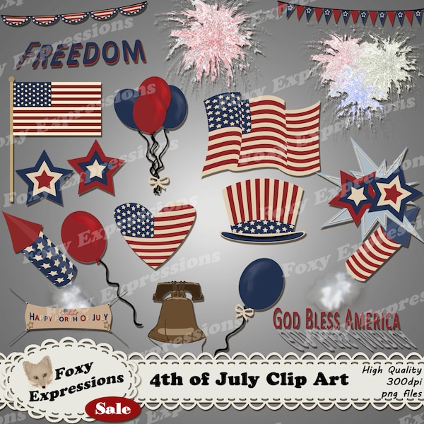 Vintage clipart van 4 juli, wordt geleverd met spandoeken, vlaggen, raketten, vuurwerk, ballonnen, hoeden, borden en vrijheidsbel, allemaal in rood, wit en blauw