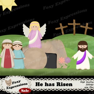 He has Risen-clipart is geweldig voor kinderen en om te knutselen. Het wordt geleverd met Jezus, engel, beide Maria's, kruis, graf, rots, heuvel, gras, zon en bloemen