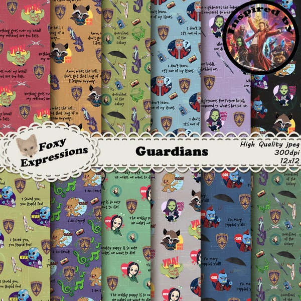 Guardians inspired by Guardians of the Galaxy. Includes Starlord, Rocket, Groot, Drax, Gamora, Nubula, Yondu, and Mantis. Bright & colorful.