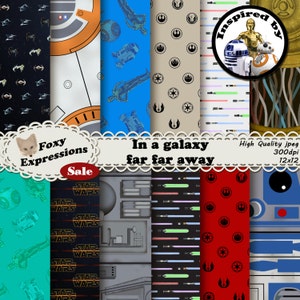In einer galaxie weit weit entfernt digitalen Papier Pack enthält r2d2, c3po, bb8, Todesstern, Lichtschwerter, Tie Fighter, x wings, Rebellenallianz, etc.