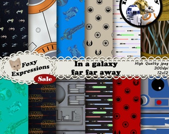 In einer weit entfernten Galaxie enthält das digitale Papierpaket r2d2, c3po, bb8, Death Star, Lichtschwerter, Tie Fighter, X Wings, Rebellenallianz usw.