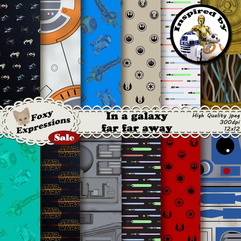 In a galaxy far far away digital paper pack includes r2d2, c3po, In a galaxy far far away digital paper pack includes r2d2, c3po,