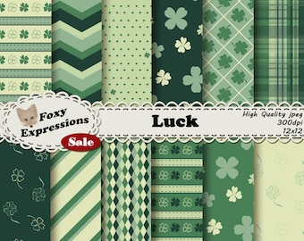 Luck digital paper pack comes in 5 shades of green. Designs include 4 leaf clovers, polka dots, stripes, chevron, plaid, diamonds and more.