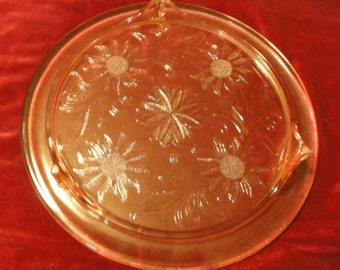 Mid Century Pink Depression Jeanette Glass 3 Footed Sunflower Pattern Cake Plate Dish Server