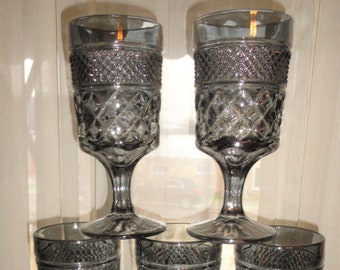 Vintage 1970's Set of 5 Anchor Hocking Wexford Pewter Mist Smokey Grey Cordial Glasses