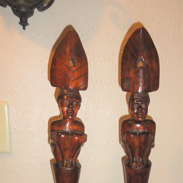 Vintage Set of 2 African Tribal Wooden Carved Large Wall Hanging Statue Pipe Wall Decor Hangings