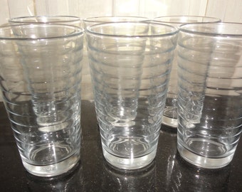 Mid Century Crisa Set of 6 Banded Ribbed Beverage Glasses