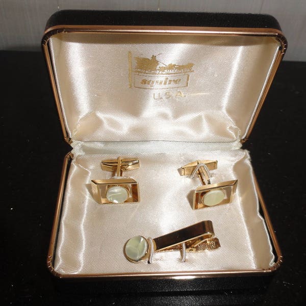 MOD Charles J. Obst Mother of Pearl Gold Tone Pat. 2,974,381 Cufflink & Tie Bar Set In A Squire USA Leather Case