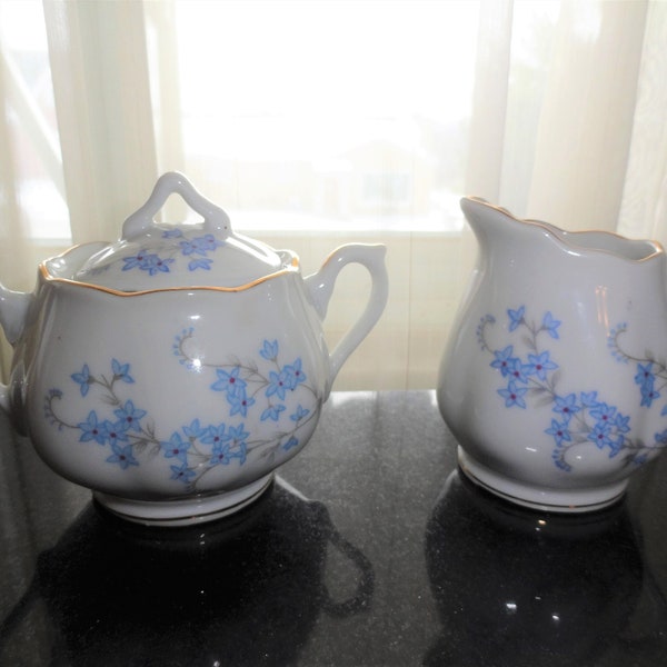 Vintage Original Napco Ceramic Japan China Hand Painted 1DD5418 Blue Wildflower Lidded Sugar Bowl & Creamer