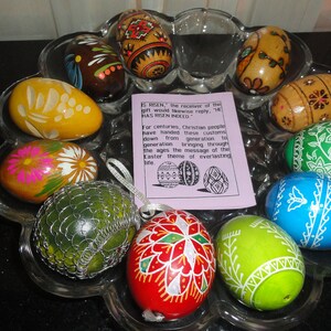 May include: A collection of 12 intricately decorated Easter eggs, some with floral designs, others with geometric patterns, displayed on a clear glass plate. The eggs are painted in various colors, including red, green, blue, yellow, and white. A small card with text about the Easter tradition is visible in the background.