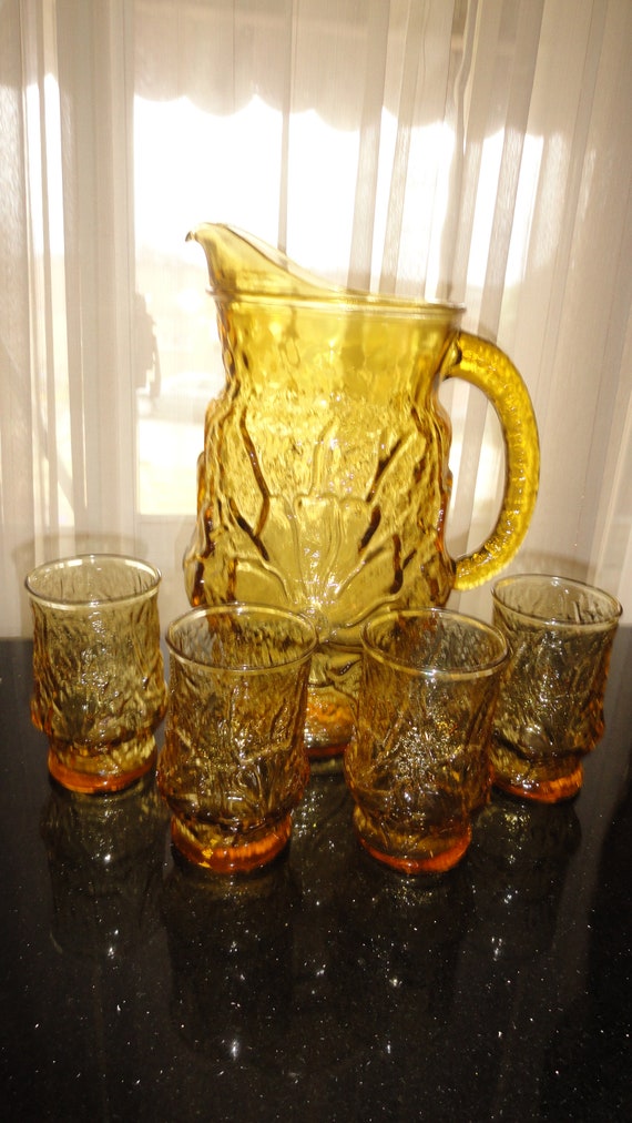 Vintage 5 Pc. Set Anchor Hocking Rainflower Amber Glass Pour Spout
