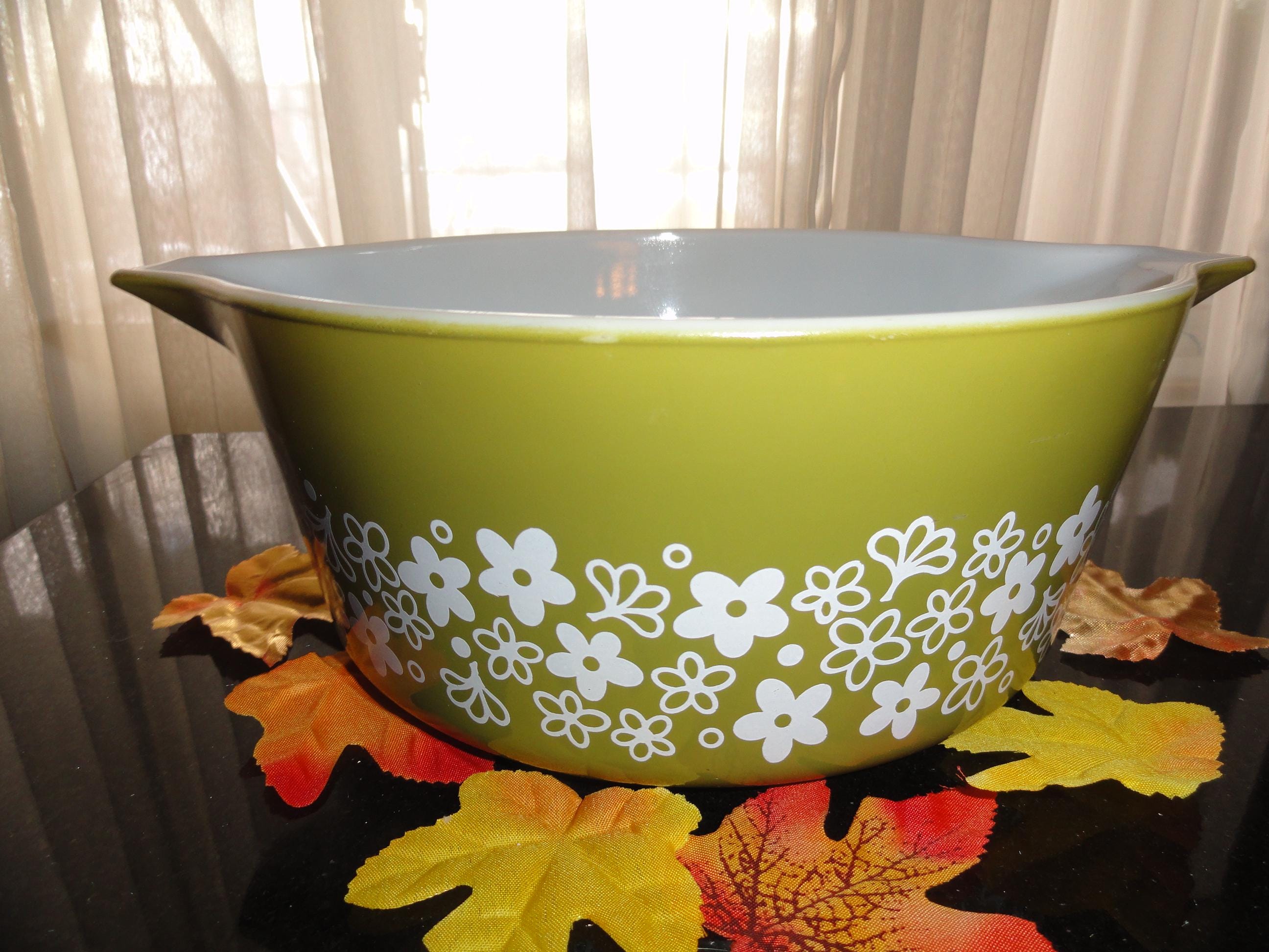 【希少品】　ジェファーソングラス　キャンディー　ボウル　ヴィンテージ　USA Retro 1970's Pyrex 475-B Spring Blossom Crazy Daisy Avocado Green